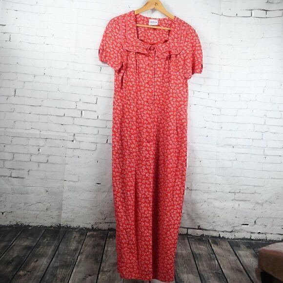 VINTAGE ATINA BY KAREN CROSBY RED FLORAL SHORT SLEEVE BUTTON DOWN MAXI DRESS - Picture 1 of 9
